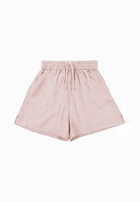 Helle rosa, lockere Leinen-Shorts mit elastischem Bund, Kordelzug, Seitentaschen und lockerer Passform auf weißem Hintergrund.