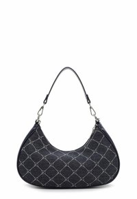 Borsa a spalla in denim con corpo in tessuto blu navy, caratterizzata da un motivo trapuntato e dettagli in metallo argentato. Forma curvata e manico liscio.
