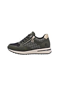 Sneaker vert avec un dessus en tissu texturé et en cuir, doté d'une fermeture éclair sur le côté, de lacets noirs et d'une semelle blanche avec des accents noirs.