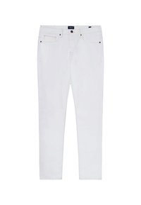Pantaloni in denim bianco con vestibilità classica. Presentano cinque tasche, cuciture sottili e una chiusura a bottone in vita. Texture liscia in tutto il capo.