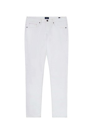 Pantaloni in denim bianco con vestibilità classica. Presentano cinque tasche, cuciture sottili e una chiusura a bottone in vita. Texture liscia in tutto il capo.