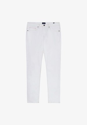 Witte denim broek met een klassieke pasvorm. Bevat vijf zakken, subtiele stiksels en een knoopsluiting in de taille. Glad textuur overal.