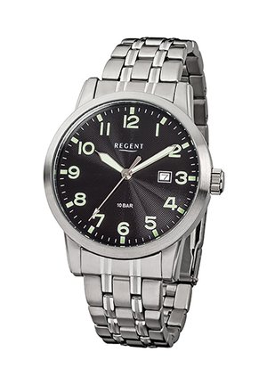 Men's silver metal wristwatch with black dial, luminous Arabic numerals, date window at 3 o'clock, and three hands showing 10:09:36.