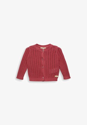 Różowy dziany sweterek dla niemowląt z długimi rękawami, okrągłym dekoltem, czterema guzikami oraz ściągaczami przy mankietach i dole, ułożony na płasko.