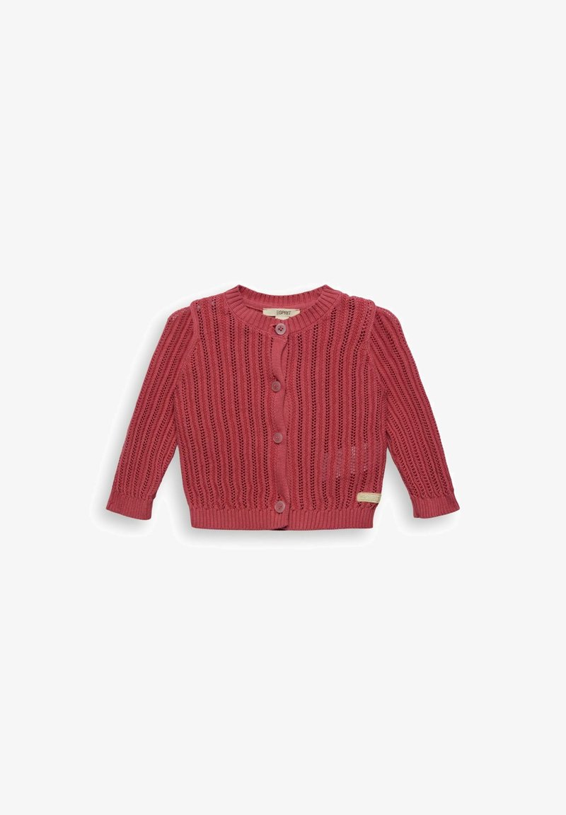 Cardigan pour bébé tricoté rose à manches longues, col rond, quatre boutons, poignets et ourlet côtelés, posé à plat.