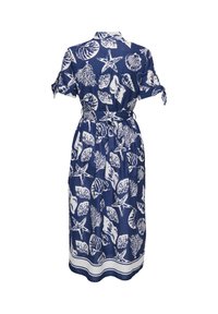 Robe midi bleue avec motifs blancs de coquillages, étoiles de mer et coraux, manches courtes avec liens, et ceinture en tissu assortie à la taille.