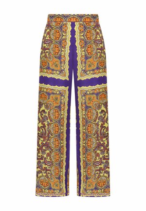 Pantaloni a vita alta e gamba larga con elaborato motivo paisley arancione, giallo e viola e bordi decorativi simmetrici.