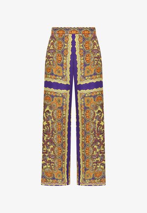 Pantalon taille haute à jambes larges avec un motif cachemire complexe orange, jaune et violet et des bordures décoratives symétriques.