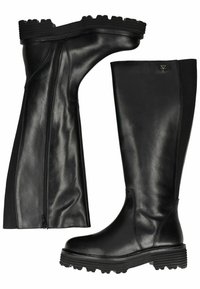 Schwarze kniehohe Stiefel aus Leder mit einer strukturierten Oberfläche, einem seitlichen Reißverschluss und rutschfesten Gummisohlen. Elastisches Material an der Rückseite für eine enge Passform.
