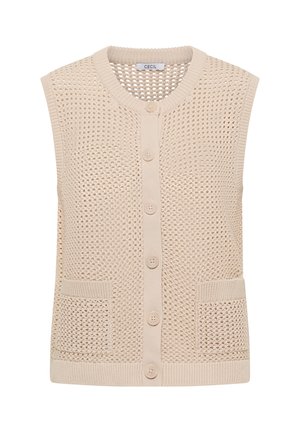 Beige ærmeløs strikvest med knapper foran, to forlommer og rund halsudskæring, med et åndbart åbent vævemønster.