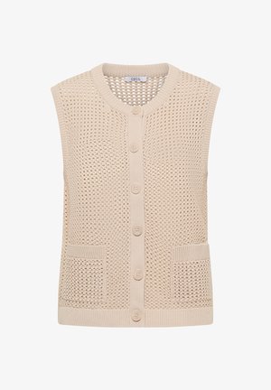 Beige ærmeløs strikvest med knapper foran, to forlommer og rund halsudskæring, med et åndbart åbent vævemønster.