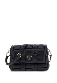Borsa a tracolla nera trapuntata in finta pelle. Presenta una placca con il logo e una tracolla rimovibile con finiture dorate. Forma rettangolare compatta.