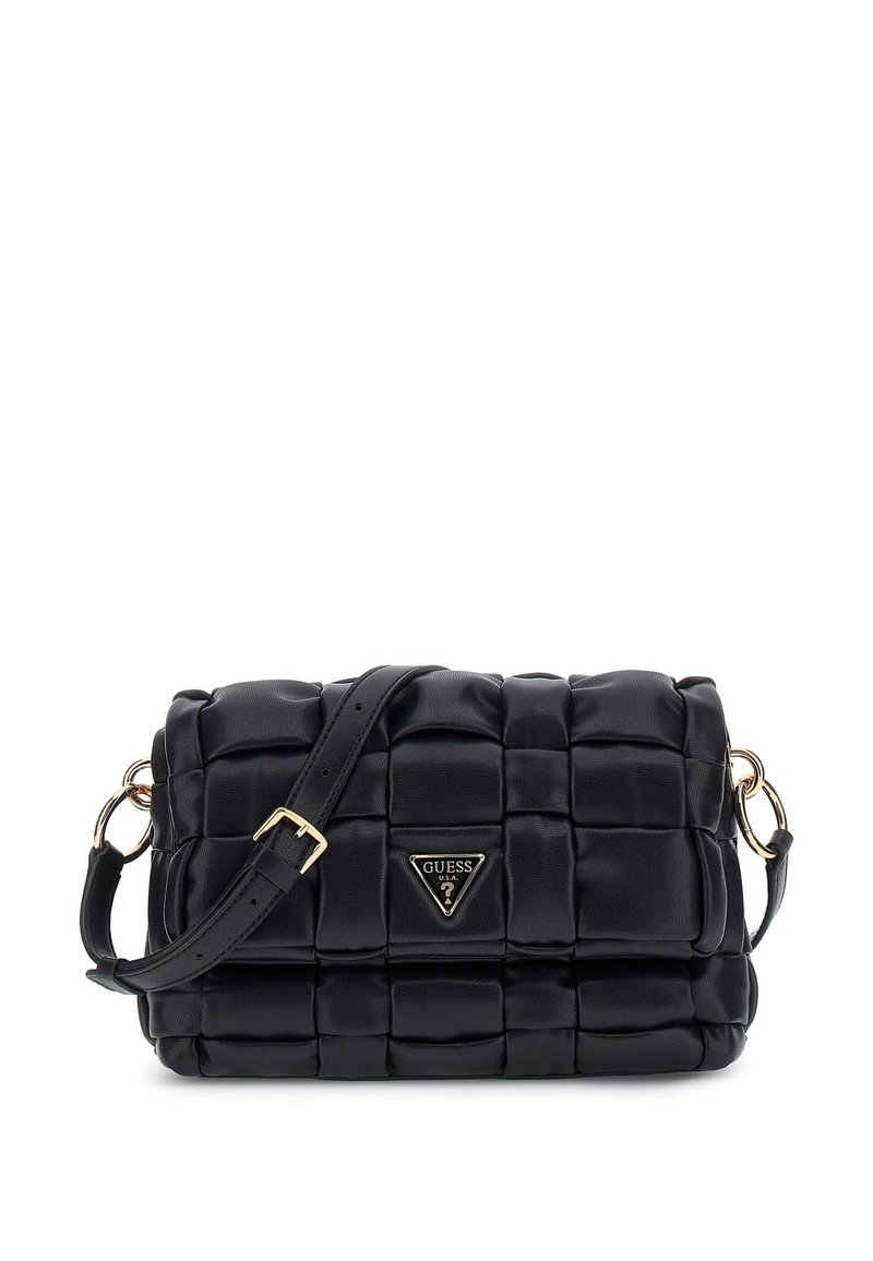Borsa a tracolla nera trapuntata in finta pelle. Presenta una placca con il logo e una tracolla rimovibile con finiture dorate. Forma rettangolare compatta.