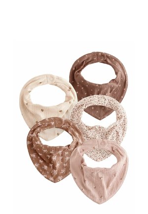 Five baby bandana bibs with snap closures in beige, brown, pink, and floral patterns arranged on a white background.