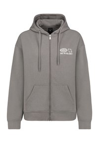 Grey zip-up hoodie with a front pocket, hood, and drawstrings. Features white text reading "EXCLUSIVE ONLY THE REAL ONES" on the left chest.