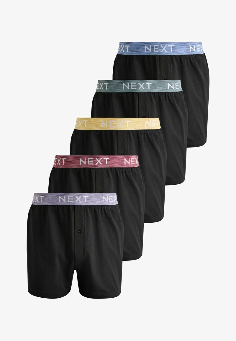 Cinq paires de boxers noirs avec ceintures élastiques en bleu, vert, jaune, rouge et violet, chacun marqué du texte « NEXT ».