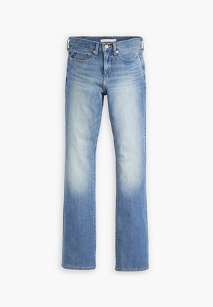 Lichtblauwe denim jeans met een recht model, vervaagd op de dijen, vijf zakken en een metalen knop- en ritssluiting.