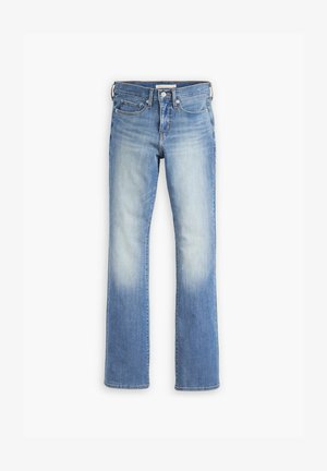 Vaqueros de denim azul claro con diseño de pierna recta, descoloridos en los muslos, estilo de cinco bolsillos y cierre de metal con botón y cremallera.