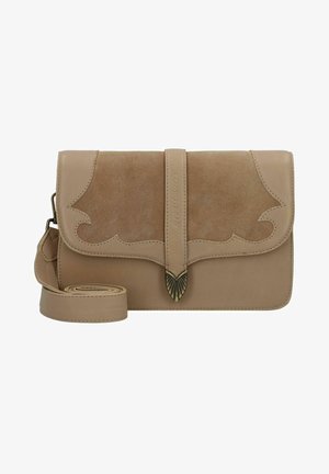 Borsa a tracolla in pelle e suede beige con patta scallopata, design pieghevole, dettagli in metallo dorato e tracolla regolabile.