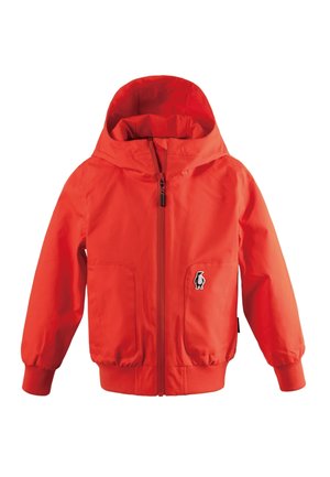 Veste pour enfants à capuche rouge avec fermeture éclair à l'avant, poignets et ourlet côtelés, deux poches avant, et un petit logo pingouin sur la poitrine.