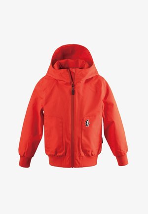 Giacca rossa con cappuccio per bambini con cerniera frontale, polsini e orlo a costine, due tasche frontali e un piccolo logo di pinguino sul petto.