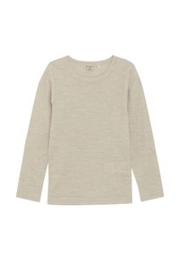 Beige långärmad ribbad tröja med rund hals och mjuk textur. Har en rak skärning och en minimalistisk design utan mönster.