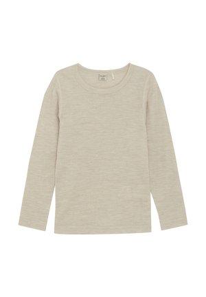 Beige Langarm-Rippenshirt mit Rundhalsausschnitt und weicher Textur. Verfügt über einen geraden Schnitt und ein minimalistisches Design ohne Muster.