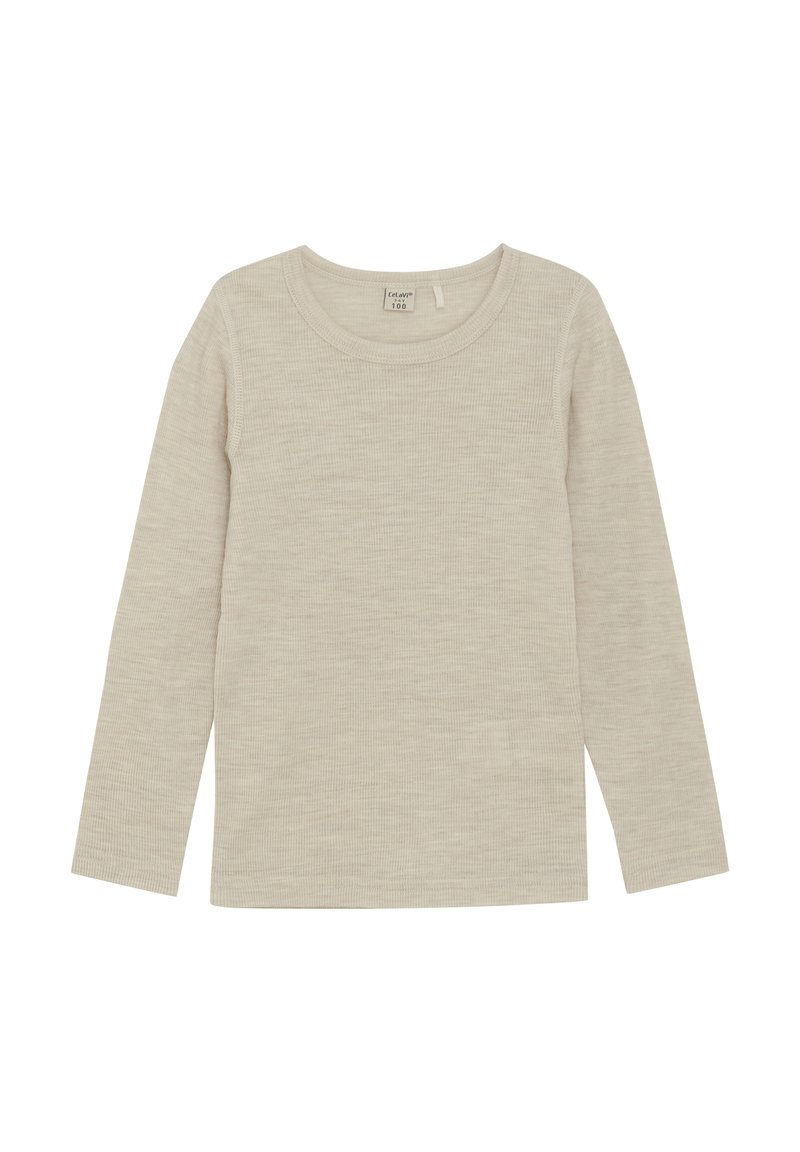 Beige långärmad ribbad tröja med rund hals och mjuk textur. Har en rak skärning och en minimalistisk design utan mönster.
