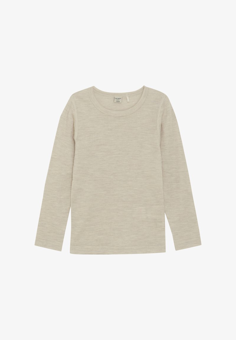 Beżowa bluzka z długim rękawem, o prążkowanej strukturze, z okrągłym dekoltem i miękkim wykończeniem. Posiada prosty krój i minimalistyczny design bez wzorów.