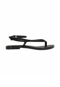 Zwarte platte sandalen met een teenslipperontwerp, verstelbare enkelband en een gladde rubberen zool. Kenmerkt zich door minimale hardware en strakke lijnen.