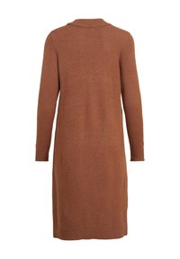 Cardigan lungo marrone realizzato in morbido materiale a maglia, con collo sciallato e polsini a costine. Il retro presenta un design semplice e uniforme.