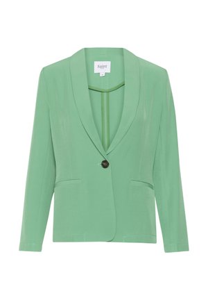 Žalias šalikas su įpjovimu, vieno mygtuko uždarymu, dviem priekinėmis kišenėmis ir ilgomis rankovėmis. Pagamintas iš lygaus, lengvo audinio.