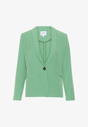 Žalias šalikas su įpjovimu, vieno mygtuko uždarymu, dviem priekinėmis kišenėmis ir ilgomis rankovėmis. Pagamintas iš lygaus, lengvo audinio.