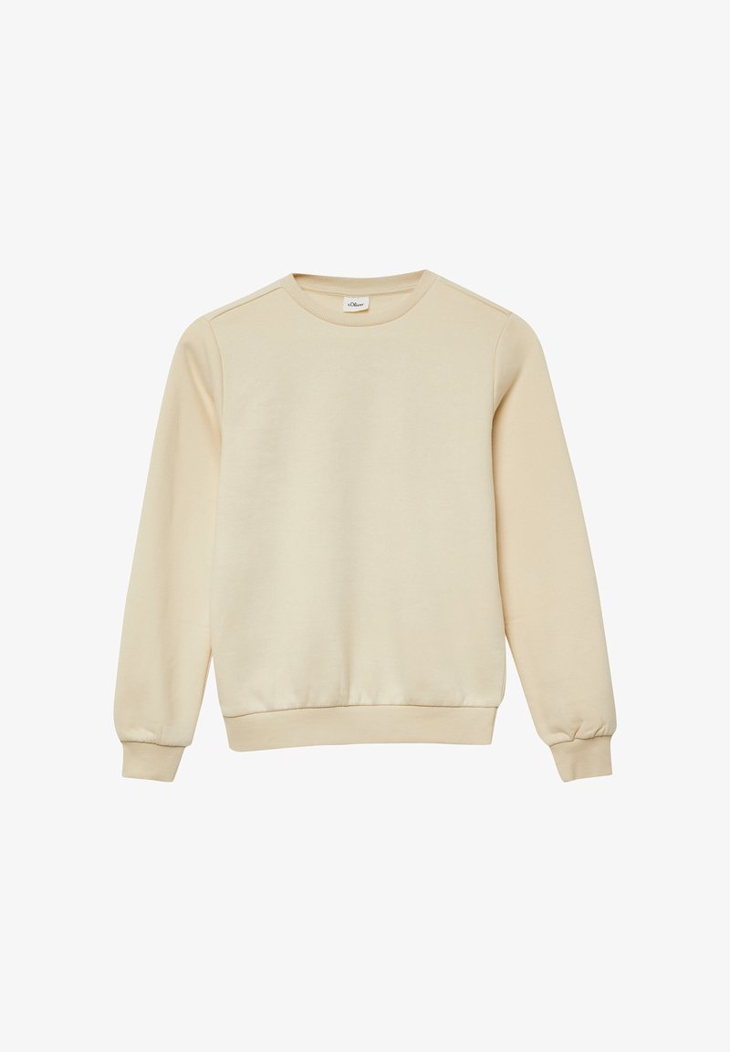 Felpa a maniche lunghe color crema con collo rotondo, polsini e orlo a coste, design semplice e piccolo etichetta di marca visibile all'interno del colletto.