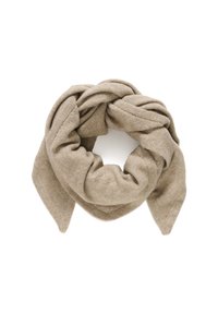 Knotted beige tørklæde lavet af blødt, struktureret materiale, med en cirkulær form og forlængede ender, velegnet til forskellige stilarter.