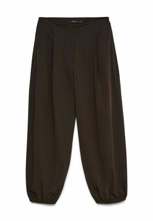 Pantalon large à fines rayures marron foncé avec poignets élastiqués et fermeture avant dissimulée.