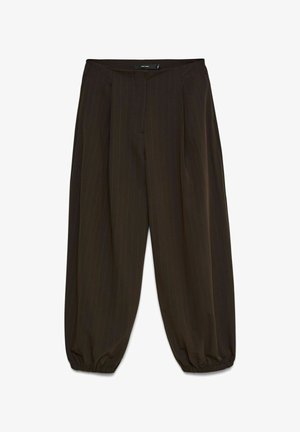 Pantalon large à fines rayures marron foncé avec poignets élastiqués et fermeture avant dissimulée.