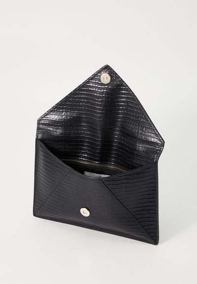 Black envelope-style clutch made of textured faux leather, featuring a gold snap closure and an internal zip pocket.