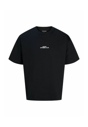 T-shirt noir à manches courtes avec col rond et petit texte blanc "DENIM APPAREL CLUB" centré sur la poitrine.