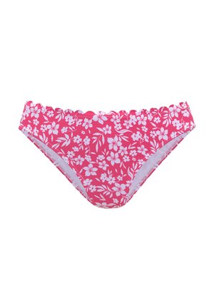 Pink bikini bottoms with white floral print and a scalloped waistband, displayed against a white background.