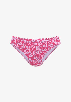 Rosa Bikinihose mit weißem Blumenmuster und gewelltem Bund, dargestellt vor weißem Hintergrund.