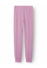Leggings rose, pleine longueur, en tissu doux, avec une taille élastique et un ourlet resserré. Texture lisse sans motifs ni accents.