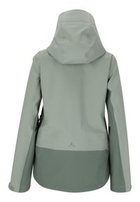 Veste imperméable de couleur vert clair avec une capuche structurée, des manches longues et une partie inférieure de couleur vert foncé contrastante. Présente un branding minimal.