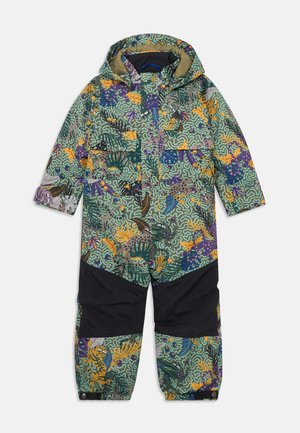 Multicolored snowsuit featuring an intricate jungle pattern with green, purple, and orange accents; waterproof fabric; elastic cuffs; hooded design.