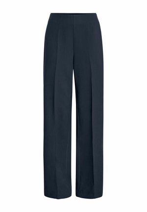 Pantalons à jambes larges en marine foncé, avec taille haute et texture subtile. Tissu lisse sans motifs ni accents visibles.