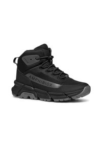 Black hiking boot made of synthetic materials with a padded collar, textured sole, and lacing system. Features a “GEOX AMPHIBIOX” logo.