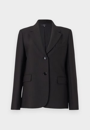 Schwarze Blazer mit schmalem Revers, Ein-Knopf-Verschluss, zwei vorderen Taschen und glatter Stofftextur. Klassisches, tailliertes Design.