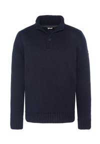 Pull en maille bleu marine avec un col rabattu, fermeture à deux boutons, poignets et ourlet côtelés. Présente un petit logo sur la manche.