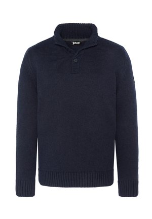 Marineblå strikket pullover med en ombukket krave, to-trykknap lukning, ribbede manchetter og kant. Har et lille logo på ærmet.