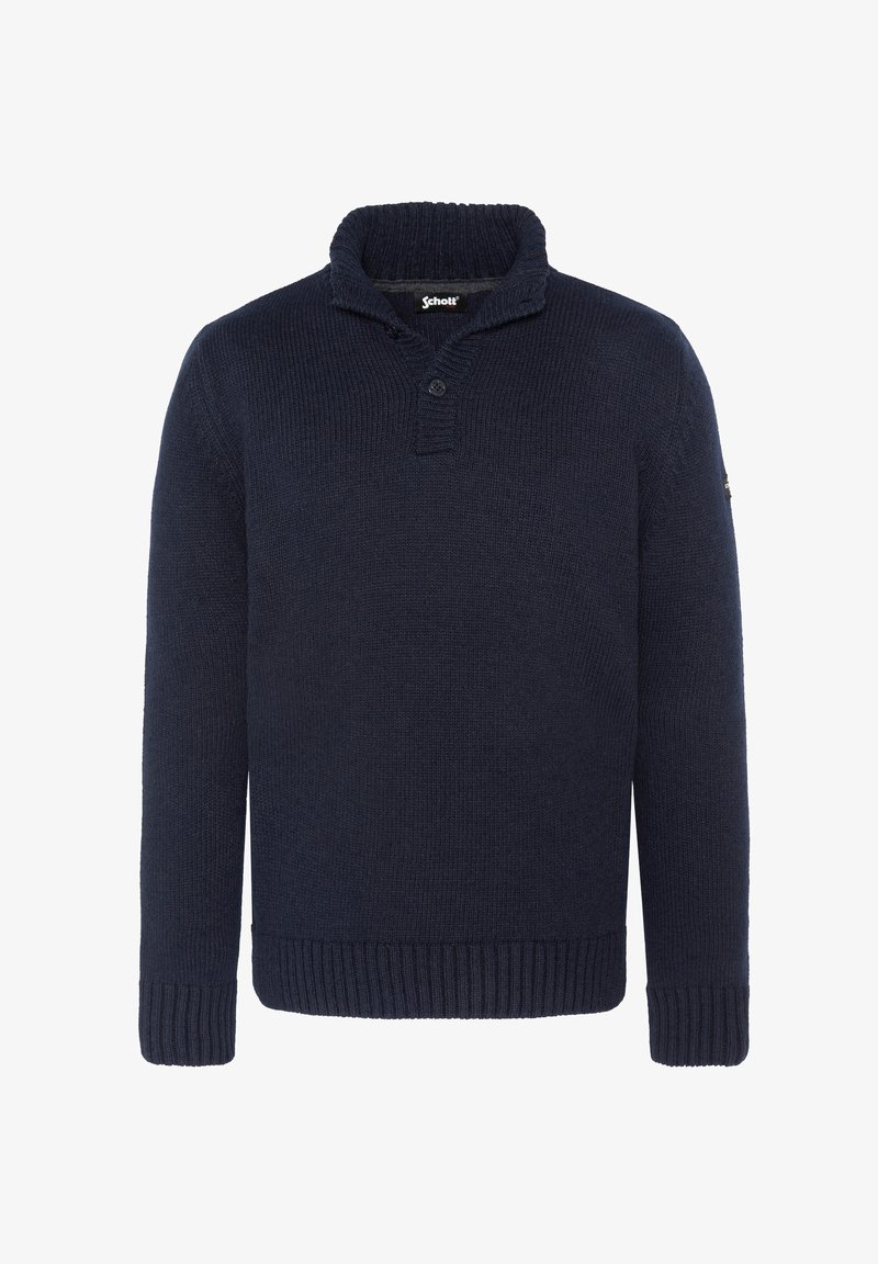 Pull en maille bleu marine avec un col rabattu, fermeture à deux boutons, poignets et ourlet côtelés. Présente un petit logo sur la manche.